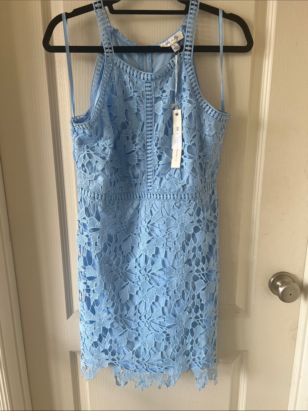 She + Sky Baby Blue Floral Lace Mini Dress